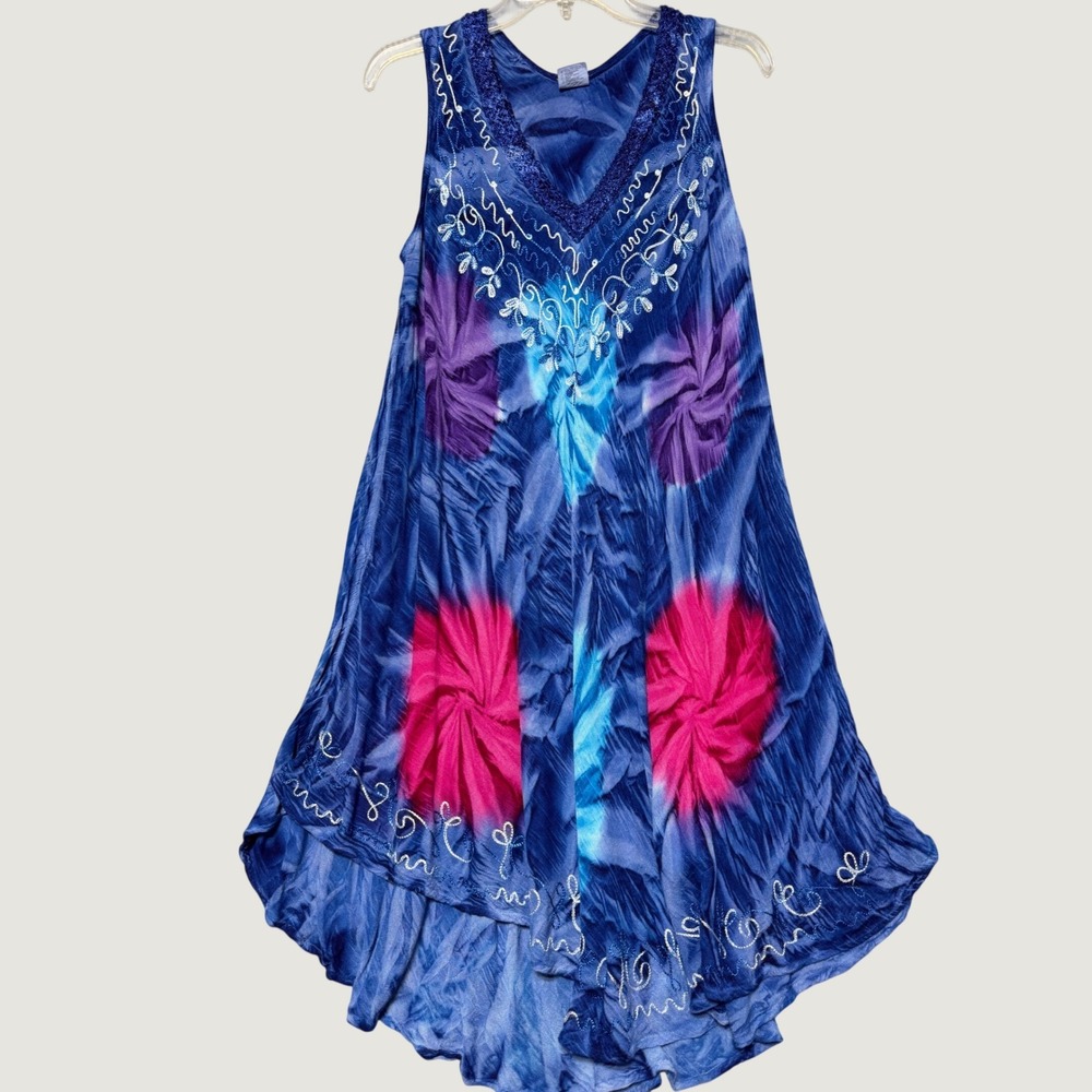 Asha Women Blue Pink Tie Dye Embroidered Handkerchief Hem Rayon Boho Dress OS